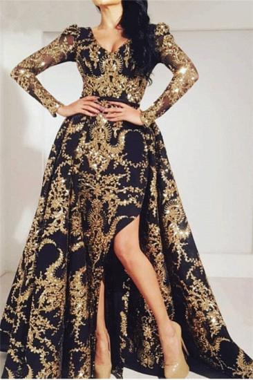 2022 Charming V-Neck Evening Dresses with Sleeves | Gold Appliques Detachable Overksirt Prom Dress_2