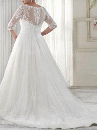 Illusion A-Line Wedding Dress V-Neck Tulle Half Sleeve Bridal Gowns Sweep Train_2