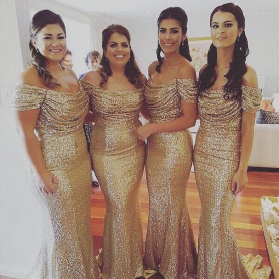 Off The Shoulder Gold Sequins Bridesmaid Dresses Mermaid Cheap Dresses for Maid of Honor_3