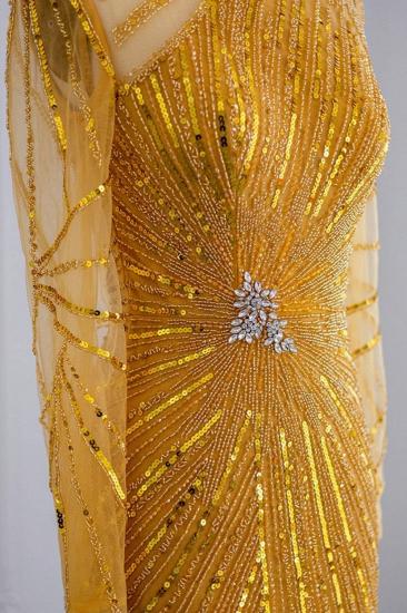 Elegante Abendkleider im Meerjungfrau-Stil mit Stehkragen und langen Ärmeln, Perlenstickerei und Kristallschärpe_5