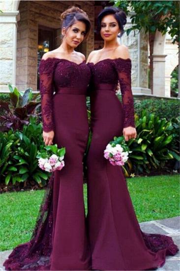 Elegant Off-the-shoulder Mermaid Lace-Appliques Beads Long-Sleeve Bridesmaid Dress_1