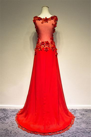 Applique Red V-neck Chiffon Sexy Evening Dress A-line Charming Sheer Back Sweep Train Party Dresses_2