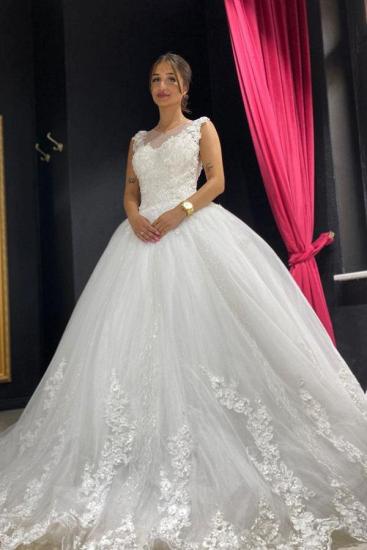 Sleeveless White Lace Tulle Princeess Bridal Gown_1