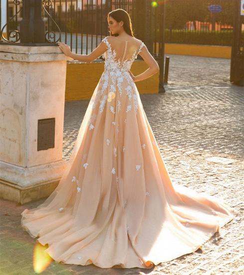 Elegante V-Ausschnitt Spitze Applique Meerjungfrau Brautkleider | 2022 Cap SleeveHochzeitskleid mit abnehmbaren Zug_4