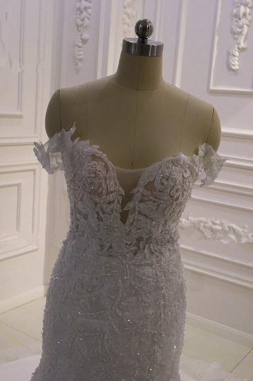Gorgeous White 3D Lace applique Off-the-Shoulder Mermaid Bridal Gowns_3