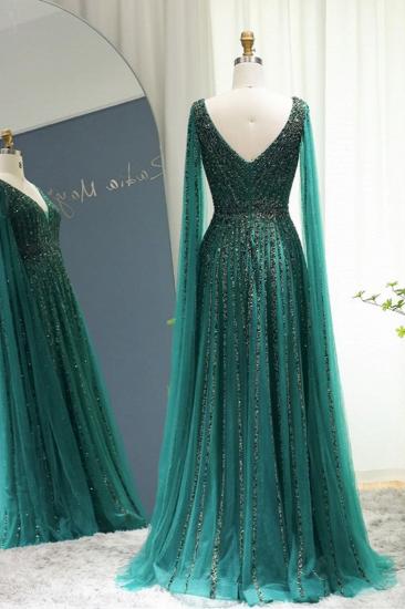Luxury Deep V-Neck Beading Mermaid Eveing Dress Cape Sleeves Tulle Aline Dubai Party Dress_2