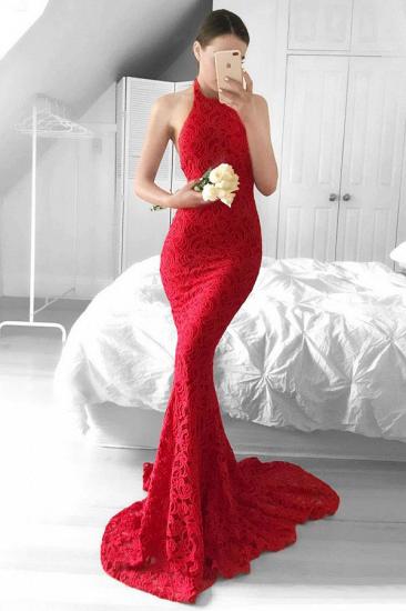 Halter Sheath Red Lace Evening Dress 2022 Backless Mermaid Sexy Cheap Prom Gown_1