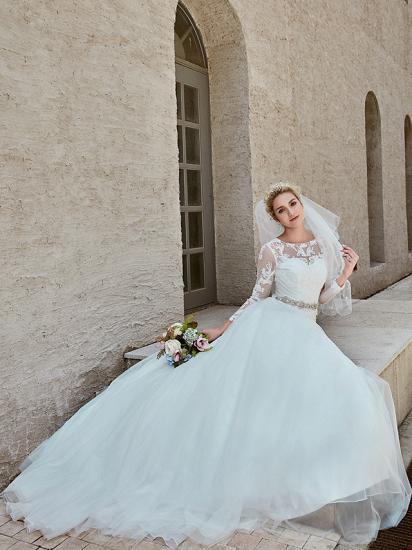 Beautiful Ball Gown Wedding Dress Bateau Lace Tulle Long Sleeves Bridal Gowns with Chapel Train_5