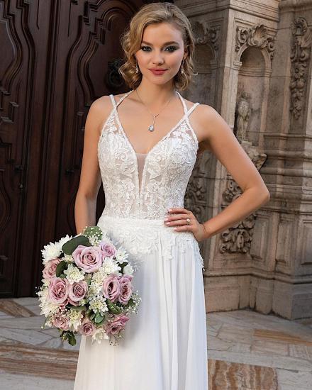 Simple Wedding Dress V-Neck Floral Lace with Side Slit_3