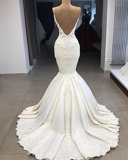 Spaghetti Straps Lace Fit and Flare Wedding Dresses Overskirt |  Appliques Detachable Satin Backless Bridal Gowns_4