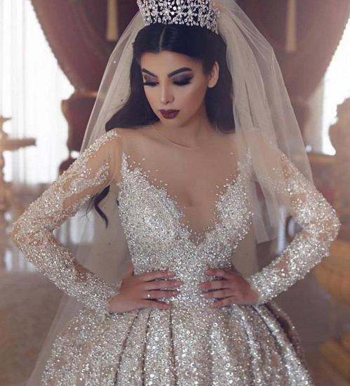 Gorgeous Champange Long sleeves Lace Ball Gown Wedding Dress_3