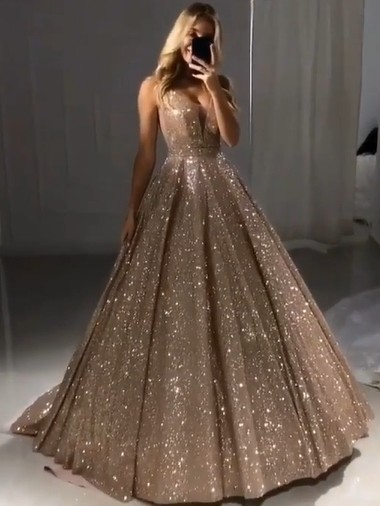 Shiny Gold Ball Gown Evening Dresses | Sexy V-Neck Sequin Prom Dresses_3