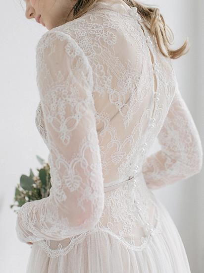 Boho See-Through A-Line Wedding Dress High Neck Tulle Long Sleeve Bridal Gowns Casual Sweep Train_2