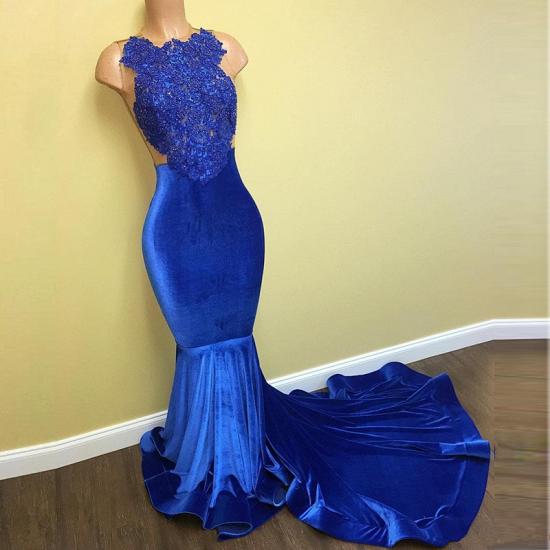 New Arrival Mermaid Royal Blue Velvet Prom Dress 2022 Cheap Lace Evening Gown_2