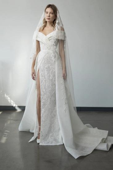 Off the Shoulder Mermaid White Bridal Gown Side Split Lace Appliques Wedding Dress_2