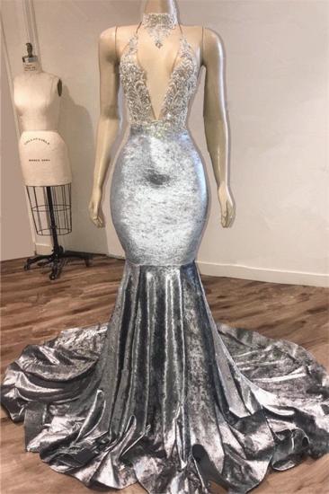 Open Back Silver Velvet Prom Dresses Cheap | Mermaid Sexy V-neck Crystals Appliques Formal Evening Gowns_1