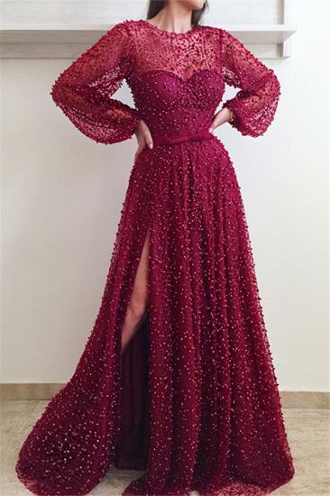 Illusion neck Scarlet Long Sleeves Side Slit Evening Dresses | Flare sleeves Princess Beaded Prom Dresses with Bow