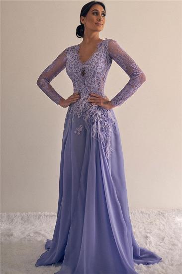A-line V-neck Lace Formal Dresses | Long Sleeves Lilac Evening Gowns_1