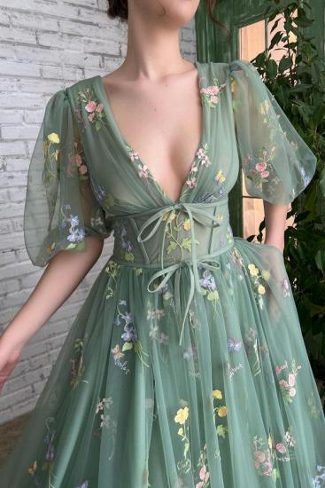 Grünes Abendkleid mit langem V-Ausschnitt | Ballkleider mit Ärmeln_5