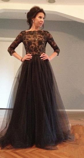 Black 3/4 Sleeve Floor Length Evening Dress Latest Lace Open Back Formal Occasion Dresses