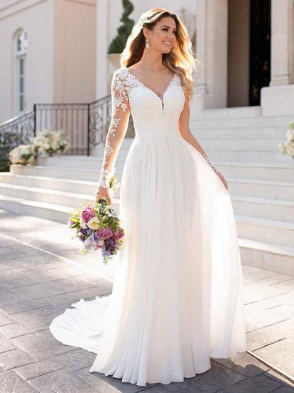 Elegante A-Linie Chiffon Brautkleider Romantische V-Ausschnitt Spitze Langarm Brautkleider mit Kapellenschleppe