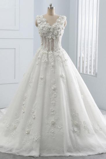 TsClothzone Glamouröses Tüll-Hochzeitskleid mit V-Ausschnitt und Blumenapplikationen, ärmellose Perlenstickerei, Brautkleider Online