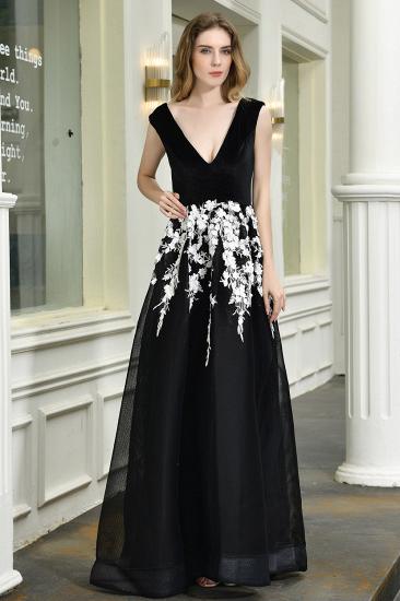Archie | Black Deep V-neck A-line White Appliques Simple Prom Dress