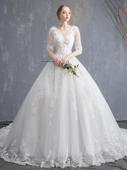 Glamouröses durchsichtiges Ballkleid-Hochzeitskleid U-Ausschnitt-Spitze Tüll Pailletten Halbarm-Brautkleider mit Kapellenschleppe_3