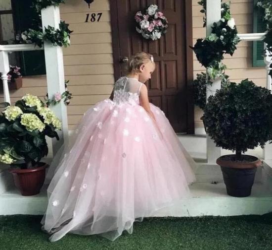 Cute Puffy Jewel Spring Lace Appliqued Sleeveless Flower Girl Dresses | Crew Long Tulle Little Girl Pageant Dress_1