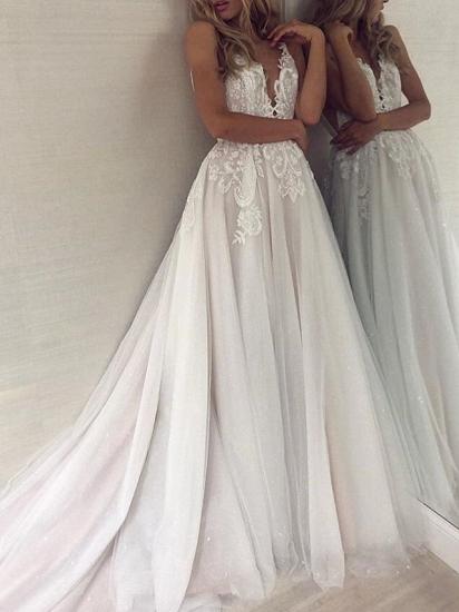 A-Line Wedding Dress V-neck Polyester Spaghetti Strap Bridal Gowns Formal Boho Plus Size with Court Train_1