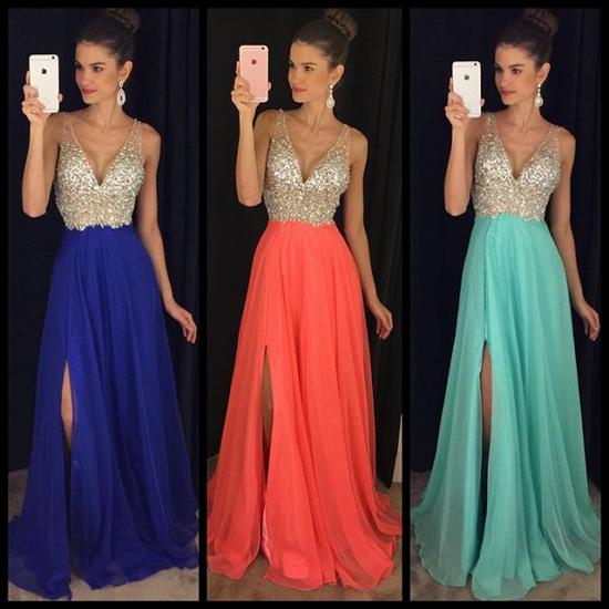 Sexy V-neck 2022 Prom Dresses Long Side Slit Chiffon Evening Dress with Sequins_2