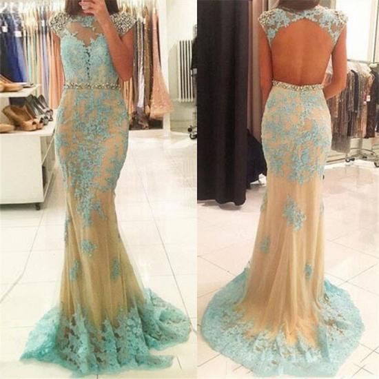 Sexy Backless Cap Sleeves 2022 Prom Dresses Lace Sheath Champagne Tulle Sexy Evening Gown_3