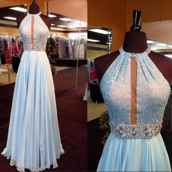 New Arrival Light Blue Sequin Long Prom Dress Chiffon Halter Crystals Belt Evening Gowns_3