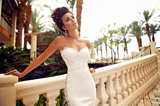 Sweetheart White Lace Wedding Dresses Mermaid Zipper Sleeveless Bridal Dresses_2