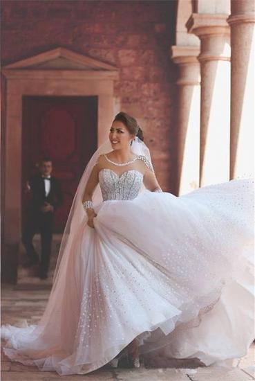 Luxuriöse, langärmlige, durchscheinende Tüll-Hochzeitskleider 2022 Perlen verzierte Ballkleid-Brautkleider_3