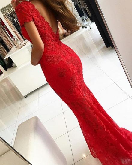 Short Sleeves Mermaid Evening Dress Backless Red Party Dress with Lace Apliques_3