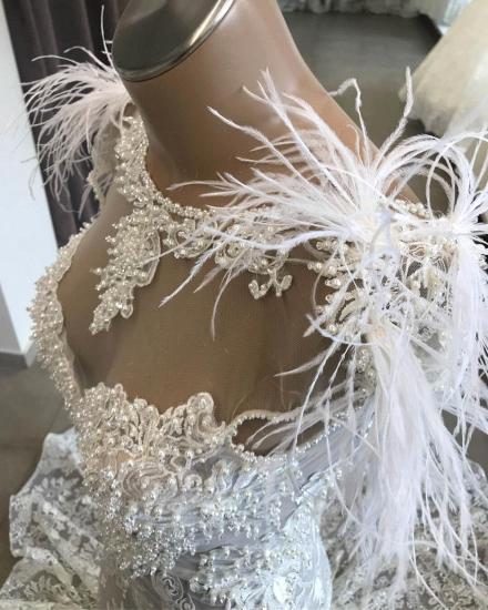 Luxury White Hollow Sweetheart Open Back Lace Long Wedding Dress with Fur Neckline_4