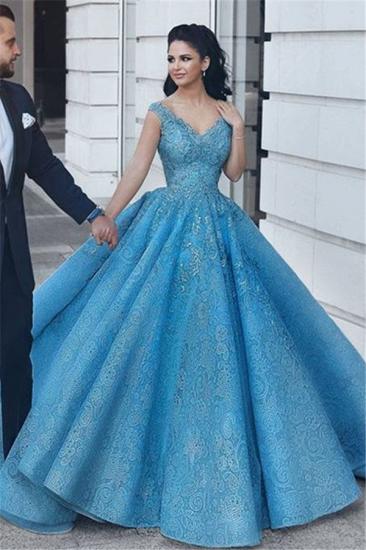 Puffy Lace V-Neck Evening Dresses | Sleeveless Blue Wedding Reception Dress