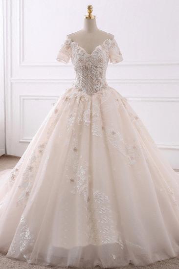 TsClothzone Ball Gown V-Neck Tulle Beadings Wedding Dress Lace Appliques Short Sleeves Bridal Gowns with Flowers On Sale