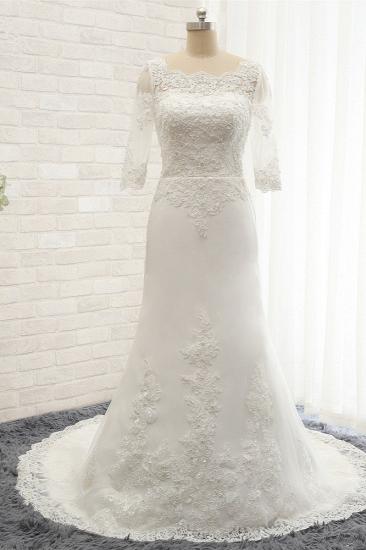 TsClothzone Erschwingliches Juwel Weißes Tüll-Spitze-Hochzeitskleid Halbe Ärmel Applikationen Brautkleider Online_1