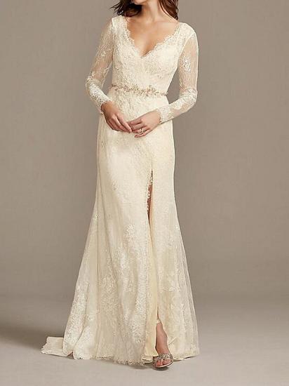 Country Plus Size A-Line Wedding Dress V-neck Lace Satin Long Sleeve Bridal Gowns_1