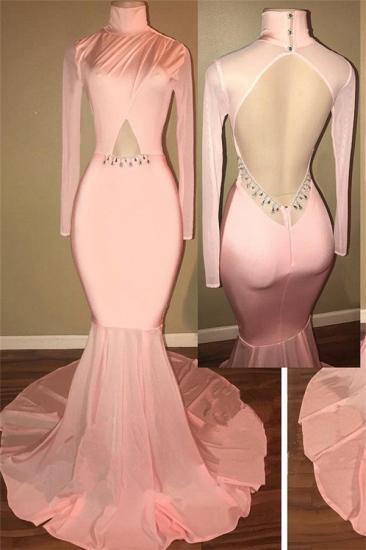 Open Back 2022 Pink Prom Dress Sexy | Mermaid High Neck Evening Gowns with Sleeve