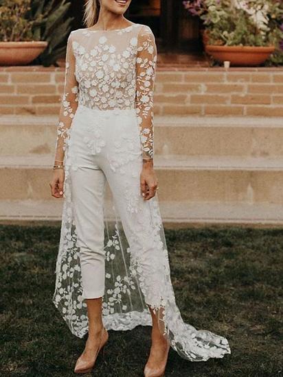 Sexy See-Through Jumpsuits A-Line Wedding Dress Jewel Lace Satin Long Sleeves Modern Bridal Gowns with Sweep Train_1
