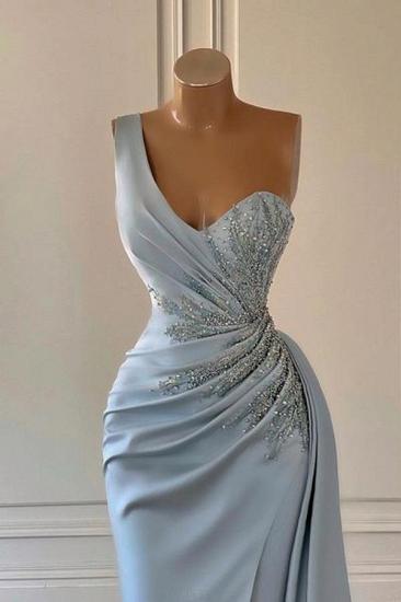 One shoulder blue prom dress in mermaid pleats_2
