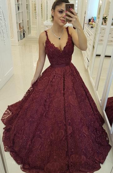 Deep V-neck Burgundy Lace Sexy Evening Dresses | Sleeveless Puffy Ball Gown Cheap Prom Dresses_1