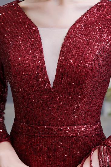 Elegant Sparkle Sequined Burgundy Long sleeve V-neck Mermaid Long Prom Dress_24