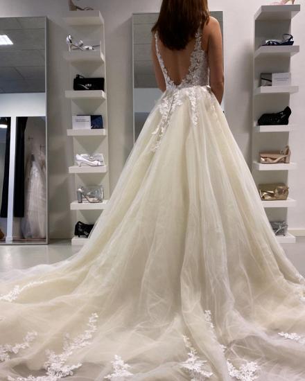 Floral Lace ALine Bridel Dress Tulle Appliques Long Wedding Dress_3