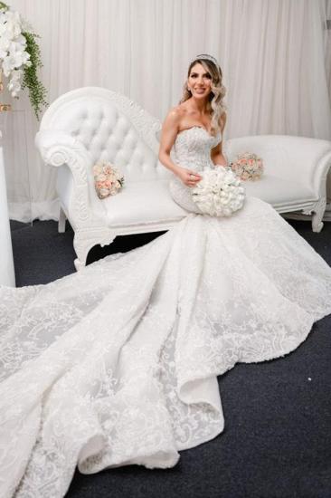 Romantic Sweetheart Mermaid Wedding Dress Lace Appliques Garden Bridal Gown with Sweep Train_1