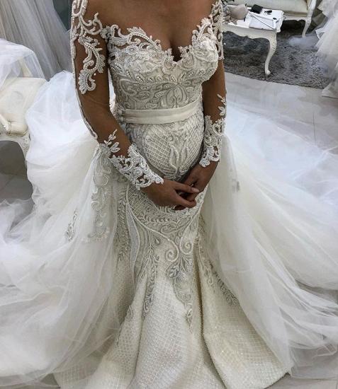 Glamorous Long Sleeve Lace Tulle Wedding Dresses | Ruffles Mermaid  Bridal Gowns_2