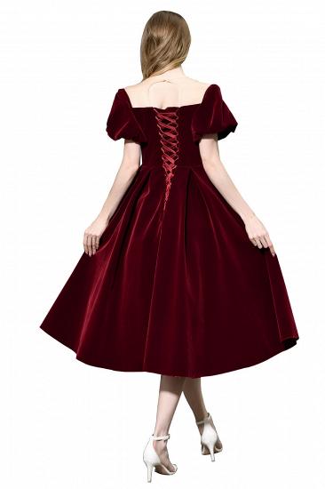 Arick | Unique Burgundy Bubble Sleeve V-neck Velvet Short Prom Dress_10